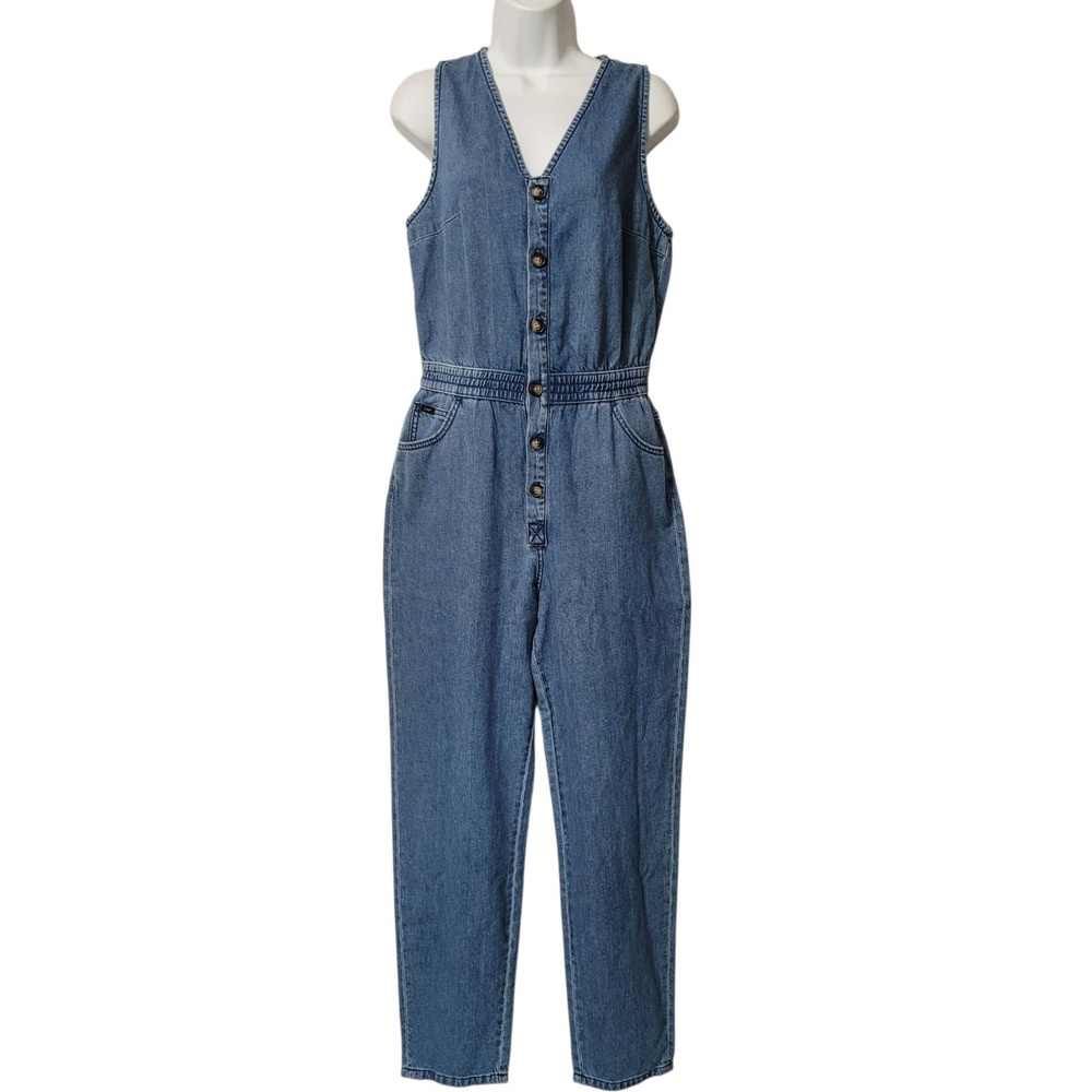 Lee Overall Romper Jumpsuit Small Blue Denim Sleeveless Button Pockets Hemp